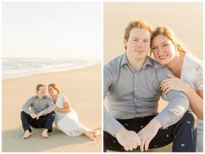 Sitting in the sand, the couple snuggles close and enjoys the beautiful beach views. | My Eastern Shore Wedding | Cassidy MR. Photography