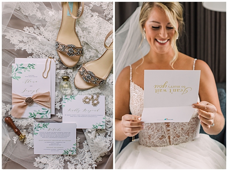 The bride reads a sweet note from her husband to be before their ceremony at the Hyatt Regency Chesapeake Bay | Laura's Focus Photography