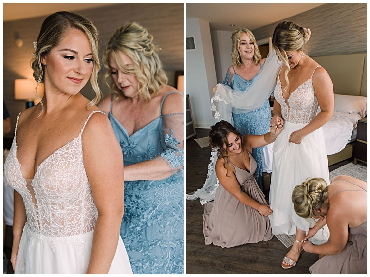 The mother of the bride helps her with her dress at the Hyatt Regency Chesapeake Bay | Laura's Focus Photography