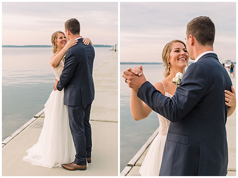 The bride and groom share a private dance on the dock at the Hyatt Regency Chesapeake Bay | Laura's Focus Photography