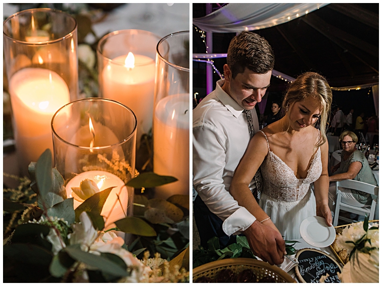 Left: Detail shot of candles and florals | Right: the Bride and Groom cut the cake at the Hyatt Regency Chesapeake Bay | Laura's Focus Photography