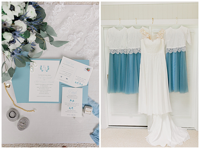 detail shot of the invitation suite with rings and florals | bridal gown and bridesmaid dresses