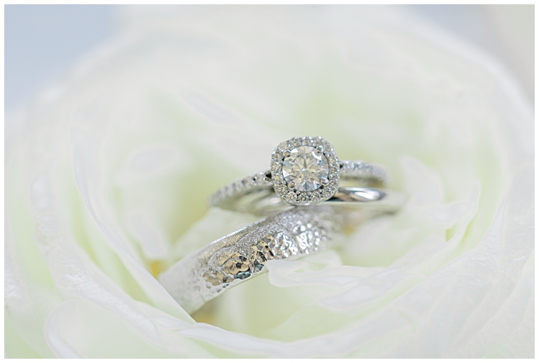 Wedding bands rest in a white rose | Cassidy MR Photography