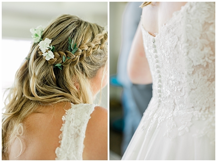 Left: Detail image of the bride's hair braided with florals to match her bouquet | Right: Detail image of the back of the bride's lace bodice