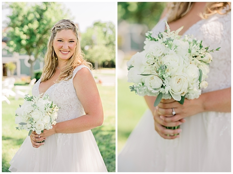 Portrait of the bride on the lawn with her white and green florals | Chesapeake Blooms