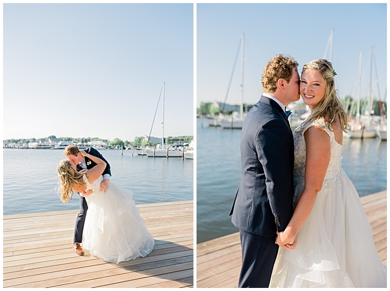 The newlyweds share a private moment on the dock when they arrive at the reception  | Inn at Haven Harbour 