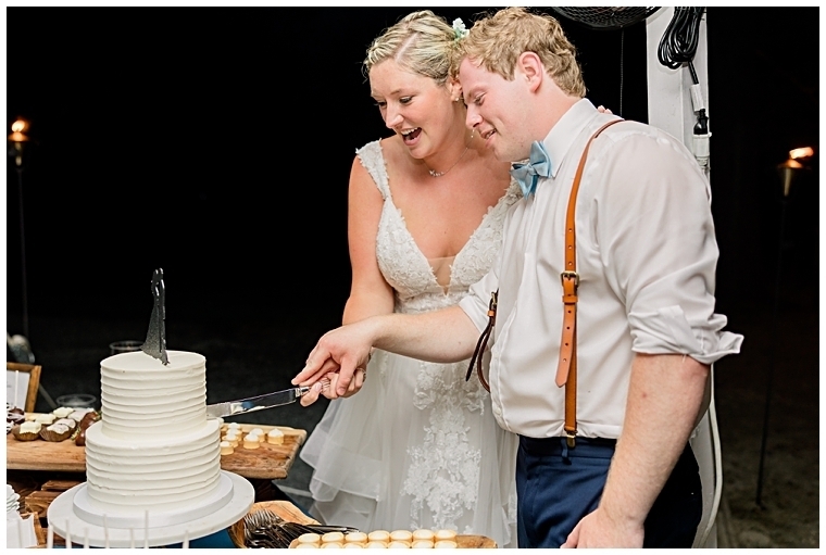 The bride and groom cut their wedding cake