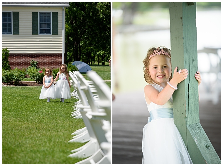 Two flower girls explore the lawn at The Oaks Waterfront Inn