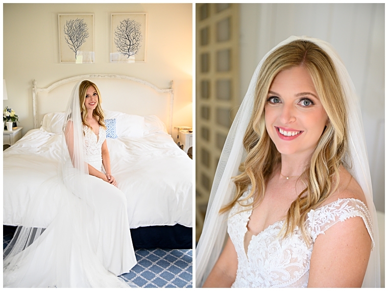 The bride poses for a portrait in her bridal suite before the ceremony | Kathy Blanchard Photography