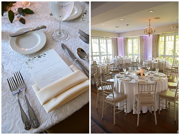 Left: Detail shot of a place setting, including a menu card with beige and white details. Right | A tablescape view