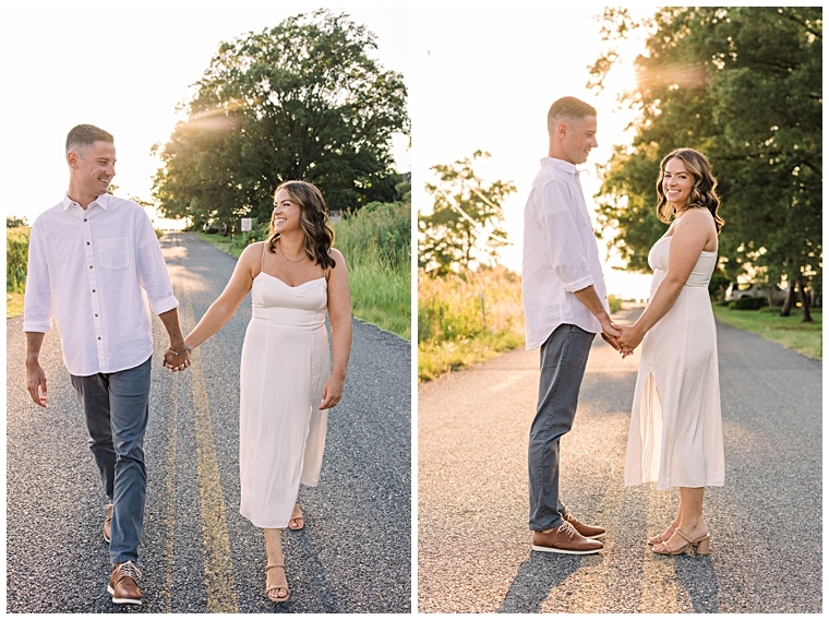 The couple walks in the sunset holding hands. | Laura's Focus Photography