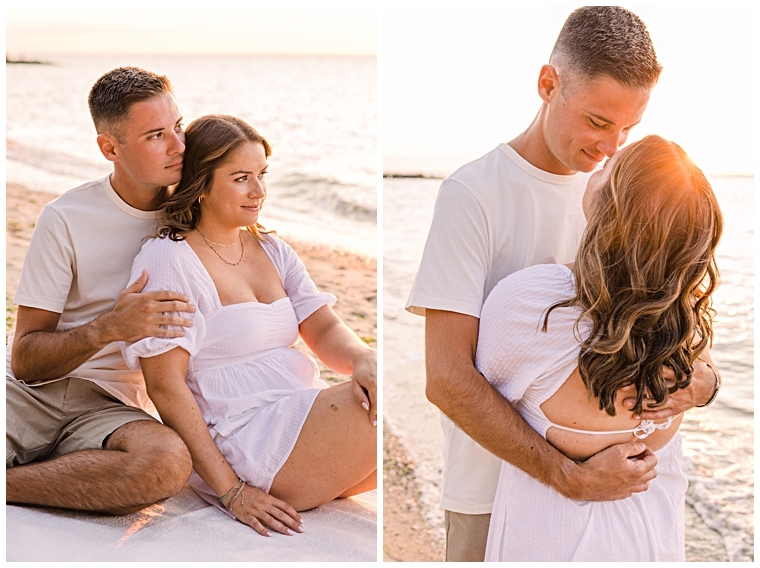The couple embraces in a romantic hug on the beach during their sunset engagement with Laura's Focus Photography