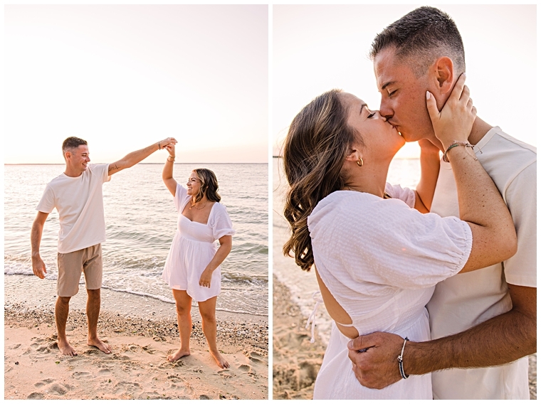 New fiancees dance on the beach in celebration of their engagement