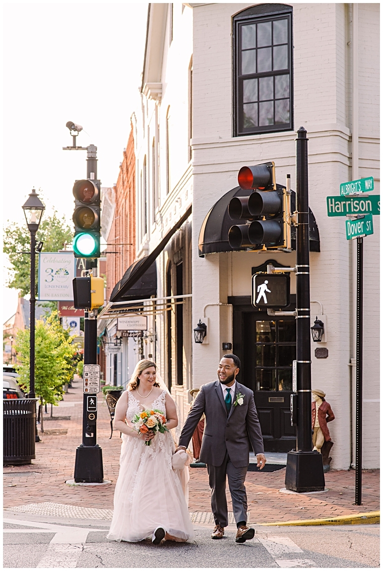 The newlyweds enjoy a stroll through downtown Easton