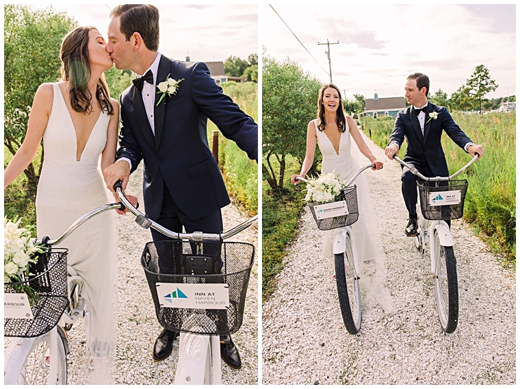 The bride and groom enjoy a ride on the Haven Harbour Bicycles along the waterfront before their ceremony.