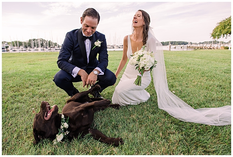 The bride and groom laugh as their flower pup plays on the lawn at Haven Harbour Marina Resort | Inn at Haven Harbour | Laura's Focus Photography | My Eastern Shore Wedding