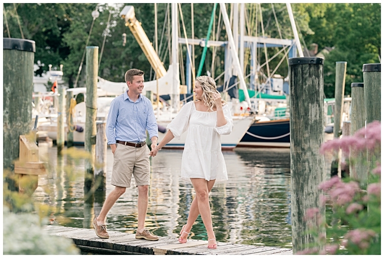 The future bride and groom explore the docks and sailboats at The Chesapeake Bay Maritime Museum