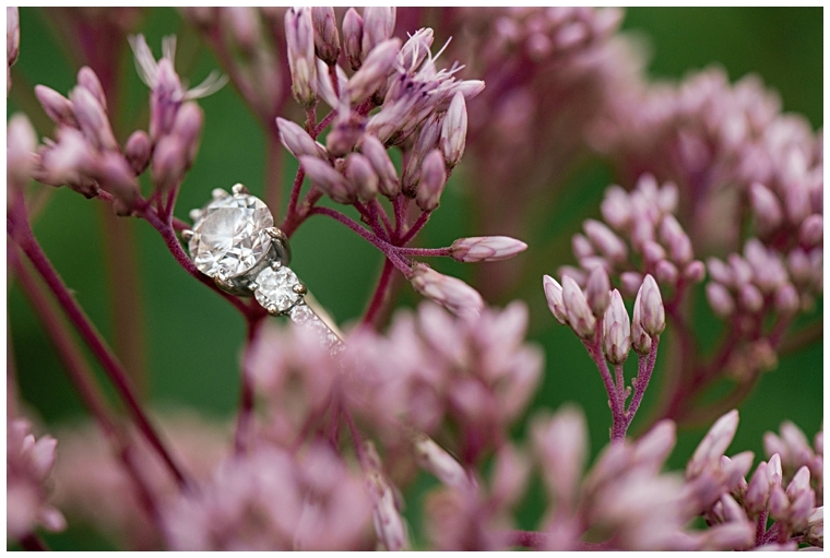A detail shot of a beautiful 3 stone engagement ring resting in the florals at The Chesapeake Bay Maritime Museum
