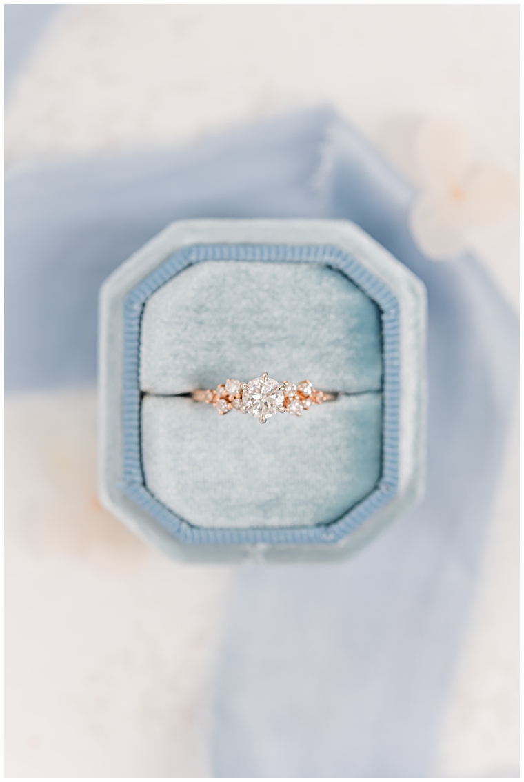 Gorgeous gold engagement ring in a blue velvet box | Always Avery Photography