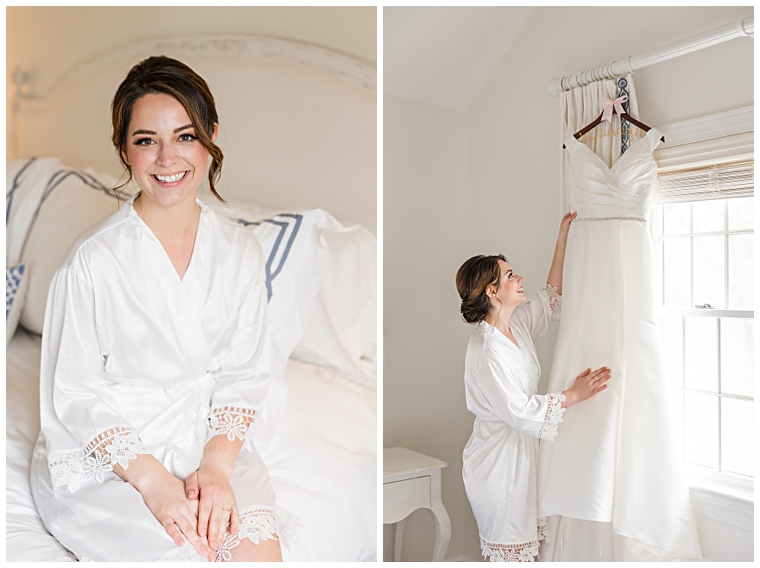 The bride admires her wedding gown as she gets ready