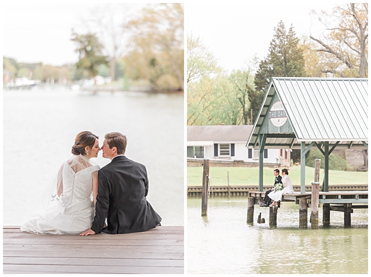 The bride and groom enjoy the view on the dock at The Oaks Waterfront Inn