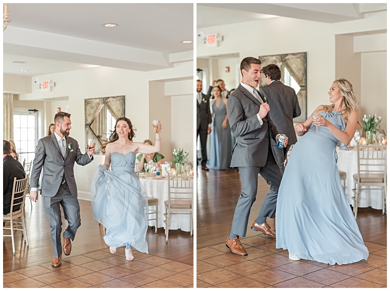 The bridal party dances into the reception to celebrate the newlyweds