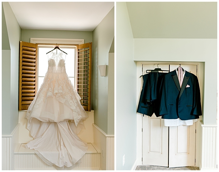 Detail shots of the bride's gown and groom's attire.