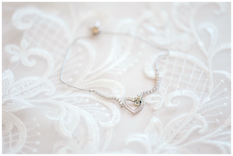 A detail shot of the bride's necklace on the lace details of her gown