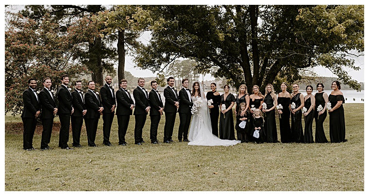 Classic and timeless black tuxes and bridesmaids dresses to highlight the bride's beautiful white gown | My Eastern Shore Wedding