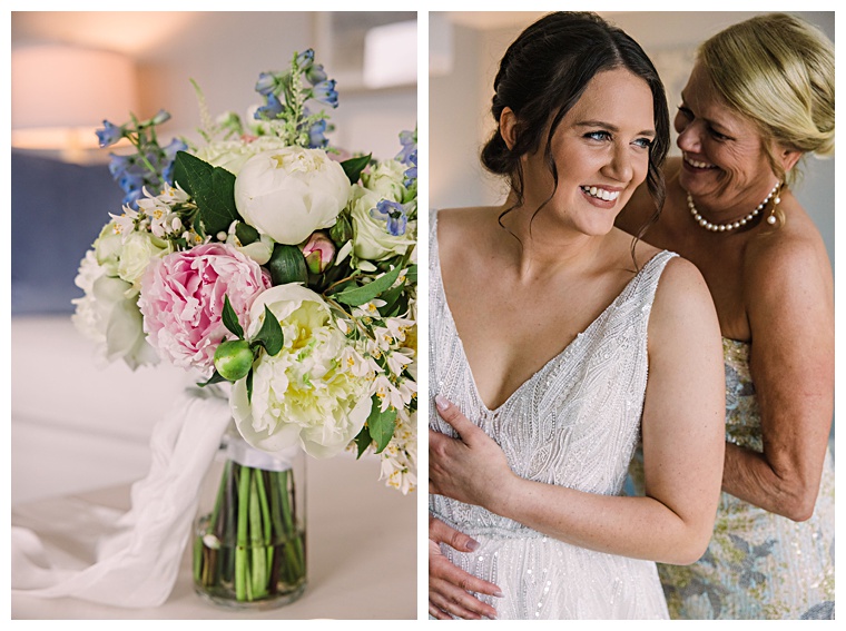 The mother of the bride helps her daughter into her dress as they prepare for the festivities to begin | Laura's Focus Photography | My Eastern Shore Wedding