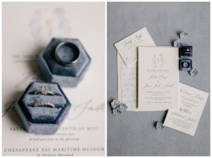 Left | A detail shot of the wedding rings in a velvet box
Right | The invitation suite is laced with florals for a detail image