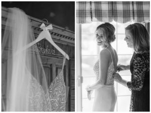 Black and white portraits of the mother of the bride helping her daughter into her bridal gown