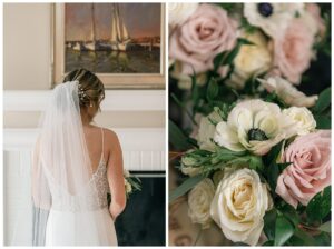 Left | A bridal portrait of the bride with her veil before the ceremony
Right | A close up detail shot of white and pink rose florals by Seaberry Farm