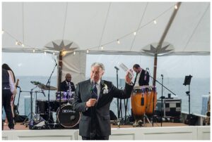 Father of the bride welcomes the guests to the wedding reception at The Chesapeake Bay Maritime Museum | My Eastern Shore Wedding | CBMM | Eastern Shore Tents and Events