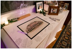 A unique guestbook for this tidewater wedding featuring a watercolor portrait of the inn