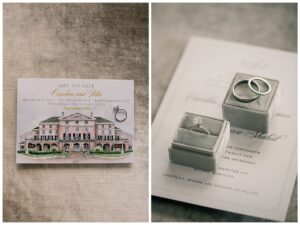 Left: the invitation suite is decorated with the wedding bands
Right: The wedding bands are displayed on top of the invitation suite