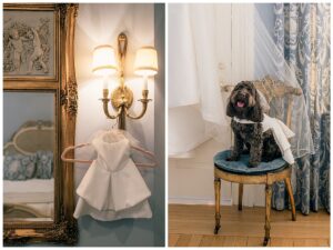 Left: A portrait of the flower pup's gown hanging
Right: A portrait of the flower dog dressed in the bride's veil