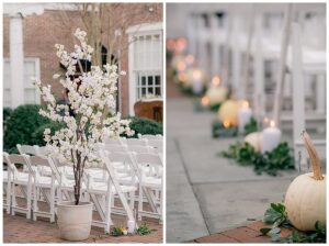 White florals and pumpkins decorate the ceremony site
