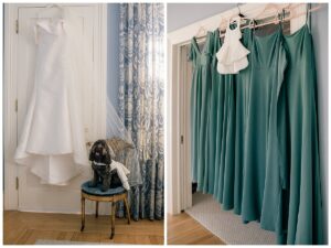 Left: The flower pup poses with the wedding gown
Right: The bridesmaids dresses are hung in order with the flower pup's dress