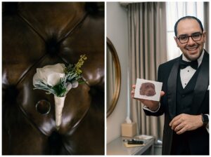 Left: The groom's boutonniere
Right: The groom shows off a card featuring their furry friend 