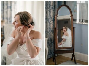 The bride puts on her jewelry in the bridal suite at The Tidewater Inn