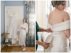 The bride slips into her bridal gown with the help of her mother