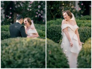 The bride shows off her bridal gown to her groom during their first look moment in the gardens of the Tidewater Inn