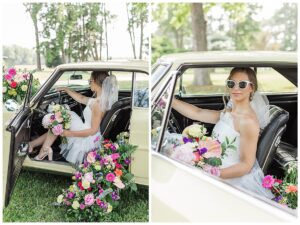 A beautifully classic yet spunky bride drives away in the getaway car with pops of color in her bright and vibrant florals