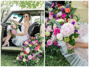 Bright pinks and bold oranges surrounded by beautiful greenery decorates this styled shoot by Three Little Buds