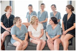Bridesmaids and bride spend the morning in matching pajamas celebrating their bride-to-be