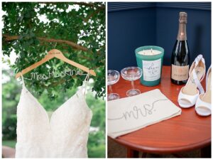 Left: the bridal gown hangs on a personalized hanger waiting for the ceremony Right: the brides shoes await the ceremony surrounded by wedding day details of champagne and handkerchiefs 