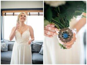 Left: the bride shows off her white gown with a lace bodice Right: decorated with family details the bride holds her bouquet for a portrait