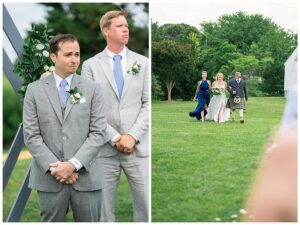 Looking spiffy in his grey suit, the groom gets a first glance at his bride as she walks down the aisle.