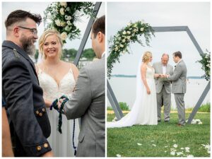 A beautiful waterfront ceremony decorated with florals by Sherwood Florist